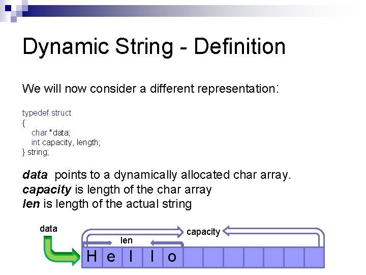 Dynamic String - Definition We will now consider a different representation: typedef struct {