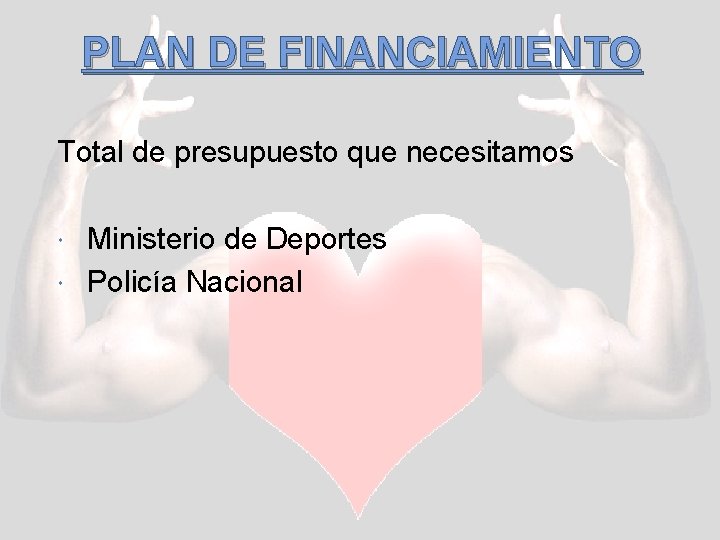 PLAN DE FINANCIAMIENTO Total de presupuesto que necesitamos Ministerio de Deportes Policía Nacional 