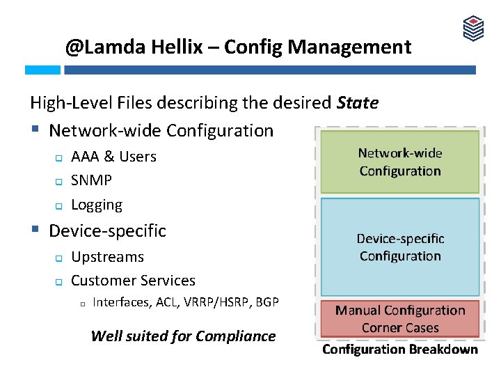 @Lamda Hellix – Config Management High-Level Files describing the desired State § Network-wide Configuration
