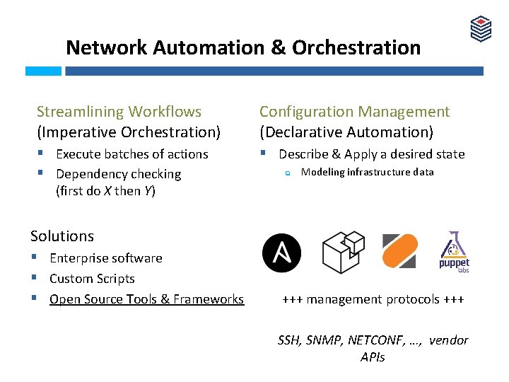 Network Automation & Orchestration Streamlining Workflows (Imperative Orchestration) Configuration Management (Declarative Automation) § Execute