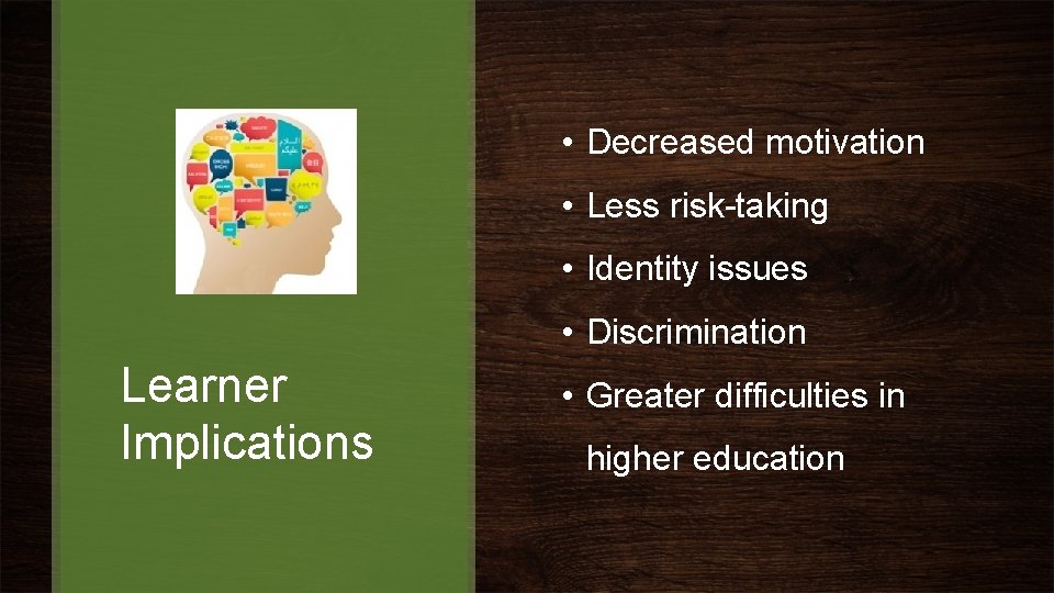  • Decreased motivation • Less risk-taking • Identity issues • Discrimination Learner Implications