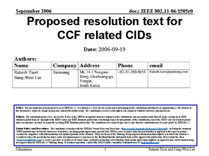 September 2006 doc. : IEEE 802. 11 -06/1505 r 0 Proposed resolution text for