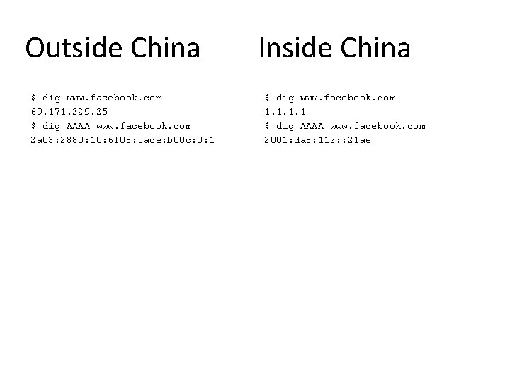 Outside China $ dig www. facebook. com 69. 171. 229. 25 $ dig AAAA