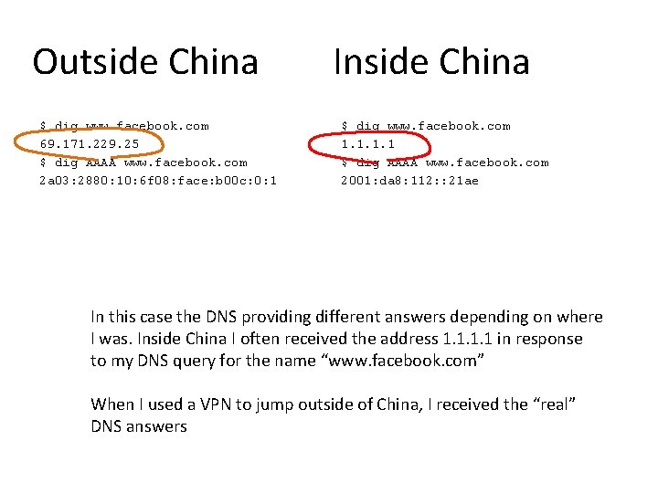 Outside China $ dig www. facebook. com 69. 171. 229. 25 $ dig AAAA