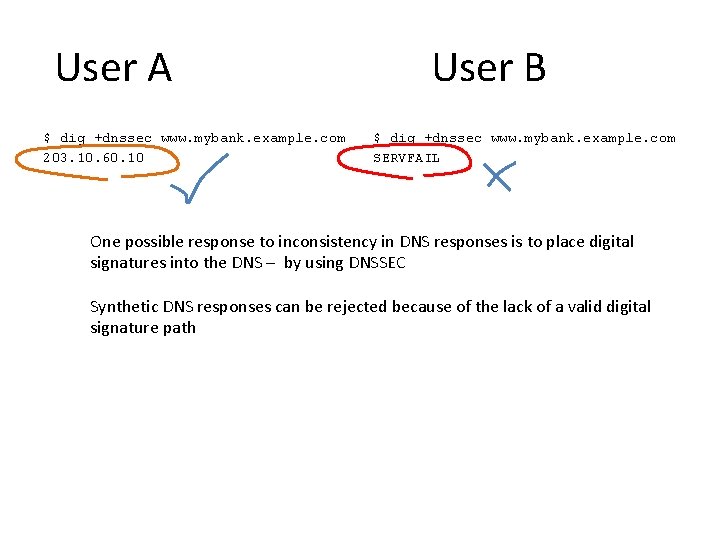 User A $ dig +dnssec www. mybank. example. com 203. 10. 60. 10 User