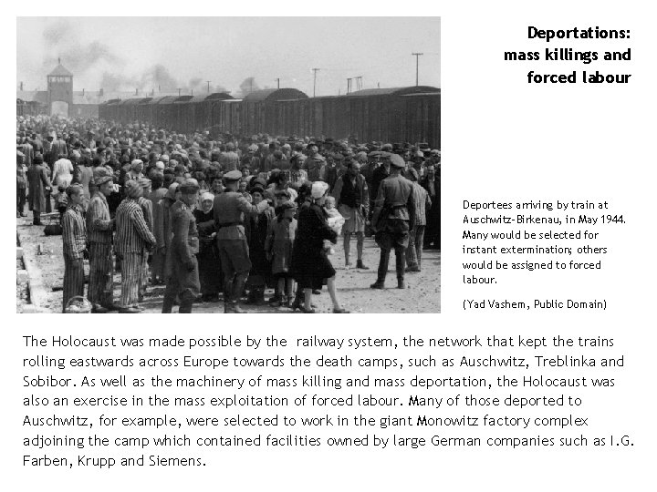 Deportations: mass killings and forced labour Deportees arriving by train at Auschwitz-Birkenau, in May