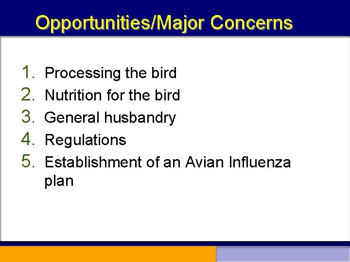 Opportunities/Major Concerns 1. 2. 3. 4. 5. Processing the bird Nutrition for the bird