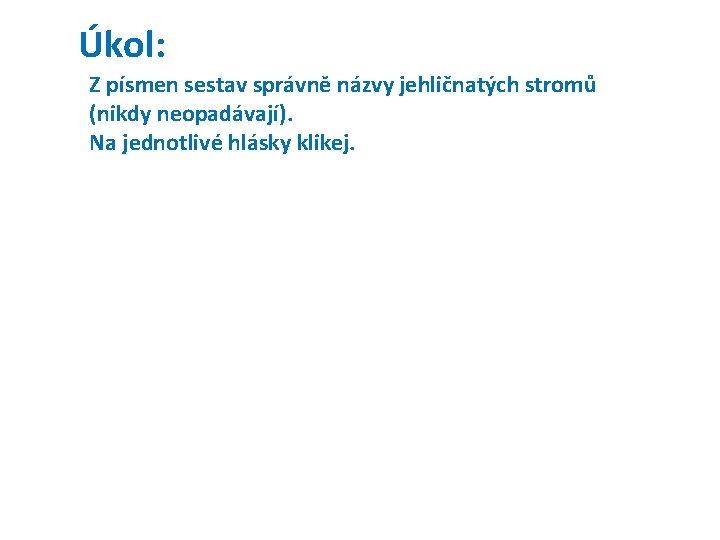 Úkol: Z písmen sestav správně názvy jehličnatých stromů (nikdy neopadávají). Na jednotlivé hlásky klikej.