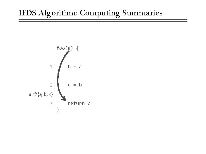IFDS Algorithm: Computing Summaries foo(a) { 1: b = a 2: c = b