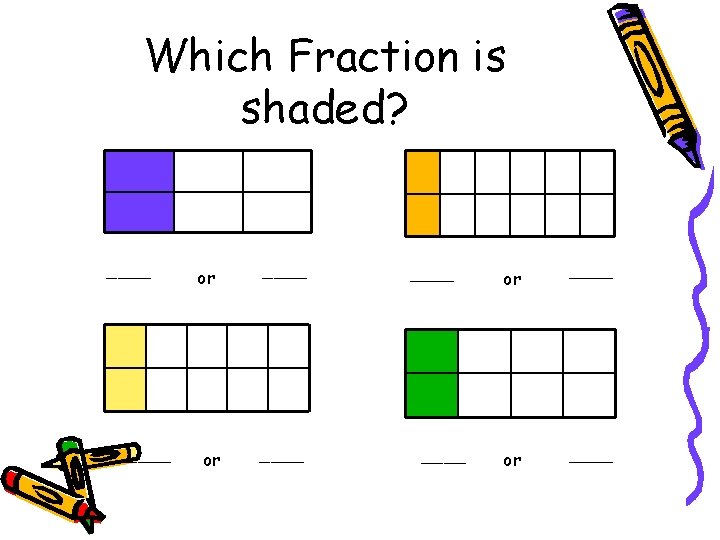 Which Fraction is shaded? ____ or or ____ or ____ 