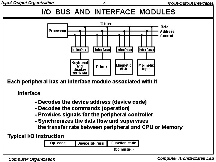 Input-Output Organization 4 Input/Output Interfaces I/O BUS AND INTERFACE MODULES I/O bus Data Address