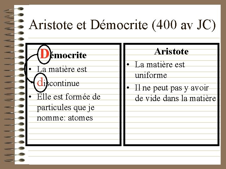 Aristote et Démocrite (400 av JC) Démocrite • La matière est discontinue • Elle