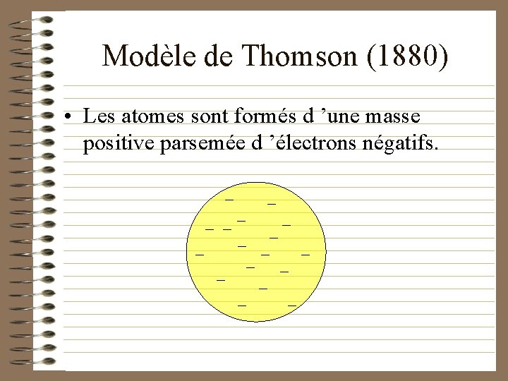 Modèle de Thomson (1880) • Les atomes sont formés d ’une masse positive parsemée
