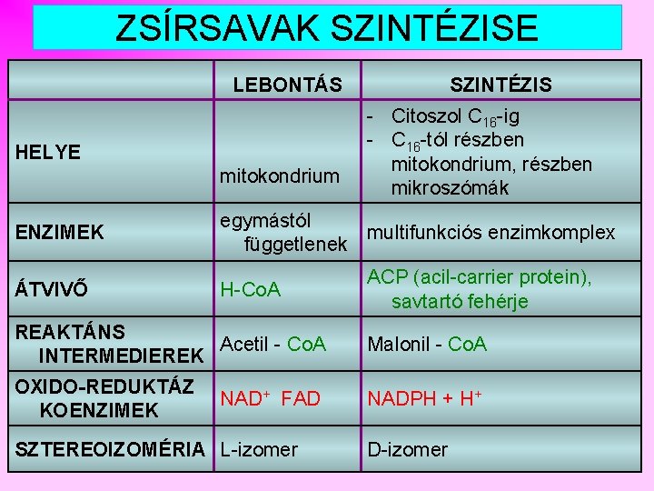 ZSÍRSAVAK SZINTÉZISE LEBONTÁS HELYE mitokondrium SZINTÉZIS - Citoszol C 16 -ig - C 16