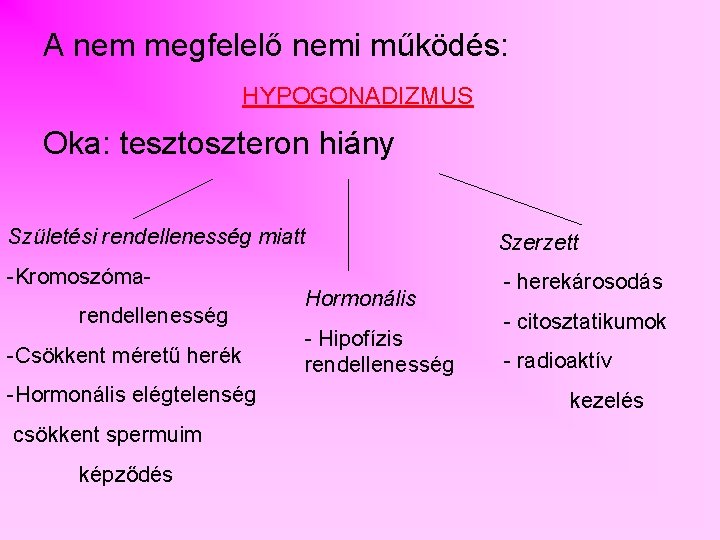 A nem megfelelő nemi működés: HYPOGONADIZMUS Oka: tesztoszteron hiány Születési rendellenesség miatt Szerzett -Kromoszóma-