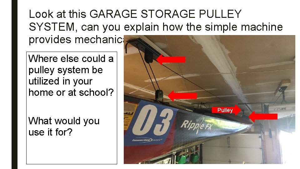 Look at this GARAGE STORAGE PULLEY SYSTEM, can you explain how the simple machine