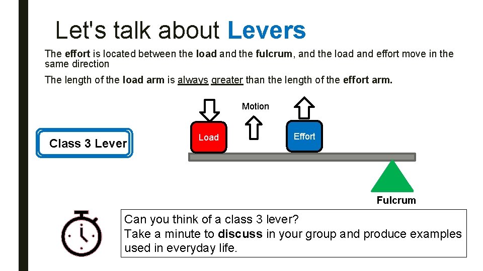 Let's talk about Levers The effort is located between the load and the fulcrum,