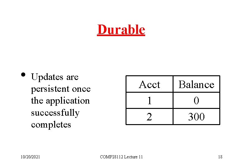 Durable • Updates are persistent once the application successfully completes 10/20/2021 Acct 1 2