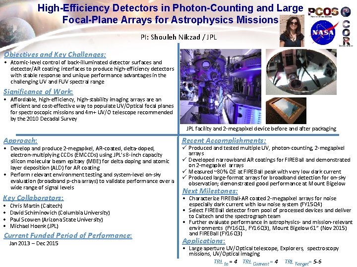 High-Efficiency Detectors in Photon-Counting and Large Focal-Plane Arrays for Astrophysics Missions PI: Shouleh Nikzad