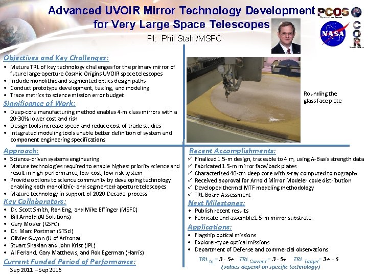 Advanced UVOIR Mirror Technology Development for Very Large Space Telescopes PI: Phil Stahl/MSFC Objectives