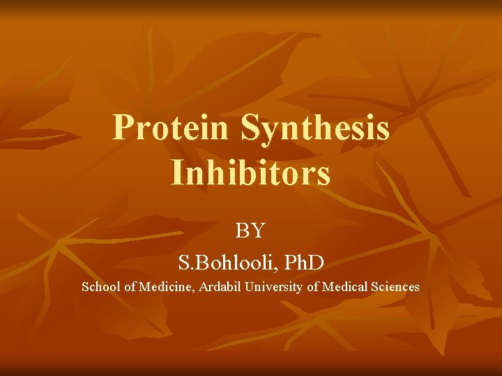 Protein Synthesis Inhibitors BY S. Bohlooli, Ph. D School of Medicine, Ardabil University of