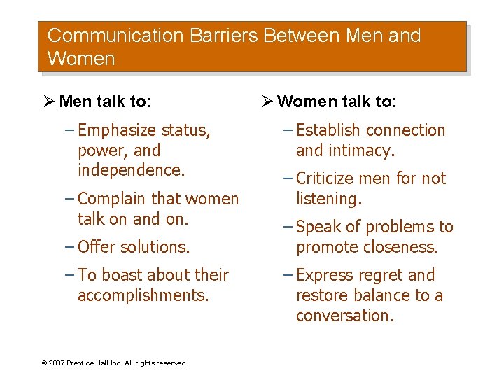 Communication Barriers Between Men and Women Ø Men talk to: – Emphasize status, power,