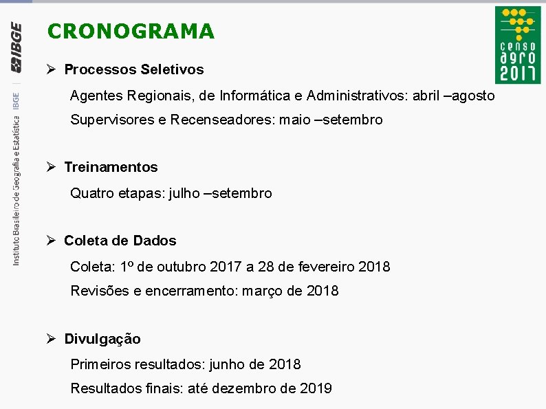 CRONOGRAMA Processos Seletivos Agentes Regionais, de Informática e Administrativos: abril –agosto Supervisores e Recenseadores: