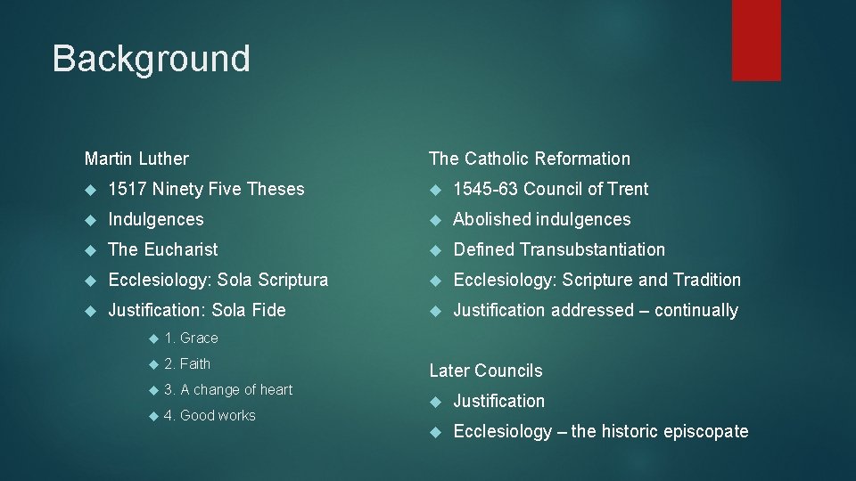 Background Martin Luther The Catholic Reformation 1517 Ninety Five Theses 1545 -63 Council of