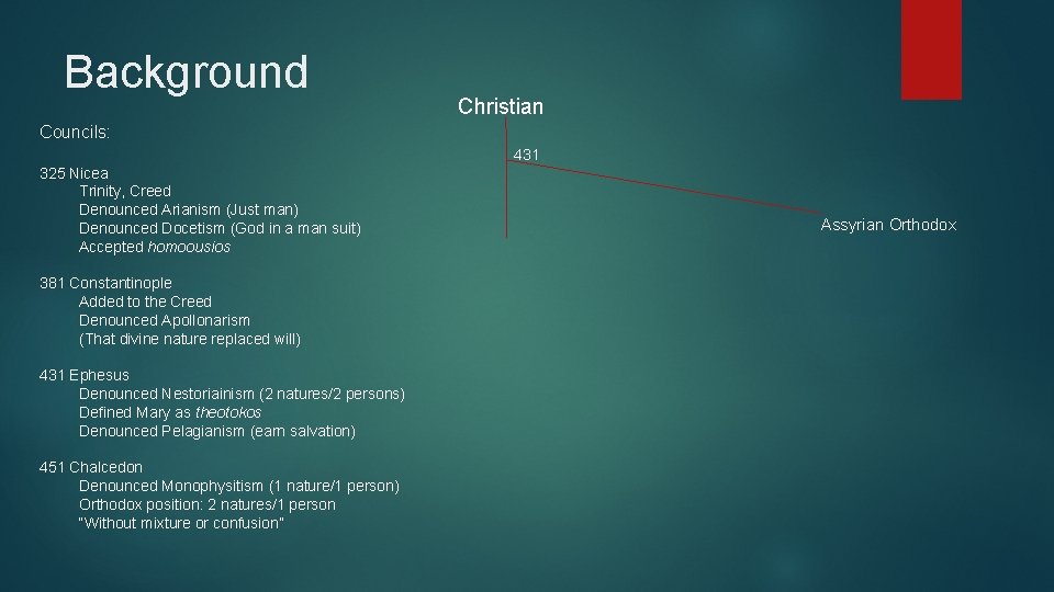 Background Christian Councils: 431 325 Nicea Trinity, Creed Denounced Arianism (Just man) Denounced Docetism