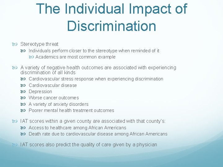 The Individual Impact of Discrimination Stereotype threat Individuals perform closer to the stereotype when The Individual Impact of Discrimination Stereotype threat Individuals perform closer to the stereotype when