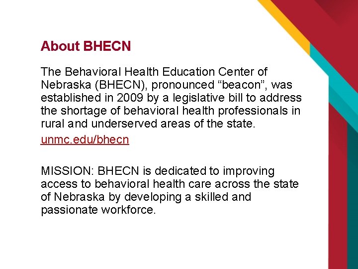 About BHECN The Behavioral Health Education Center of Nebraska (BHECN), pronounced “beacon”, was established About BHECN The Behavioral Health Education Center of Nebraska (BHECN), pronounced “beacon”, was established