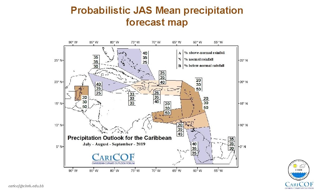Probabilistic JAS Mean precipitation forecast map caricof@cimh. edu. bb 