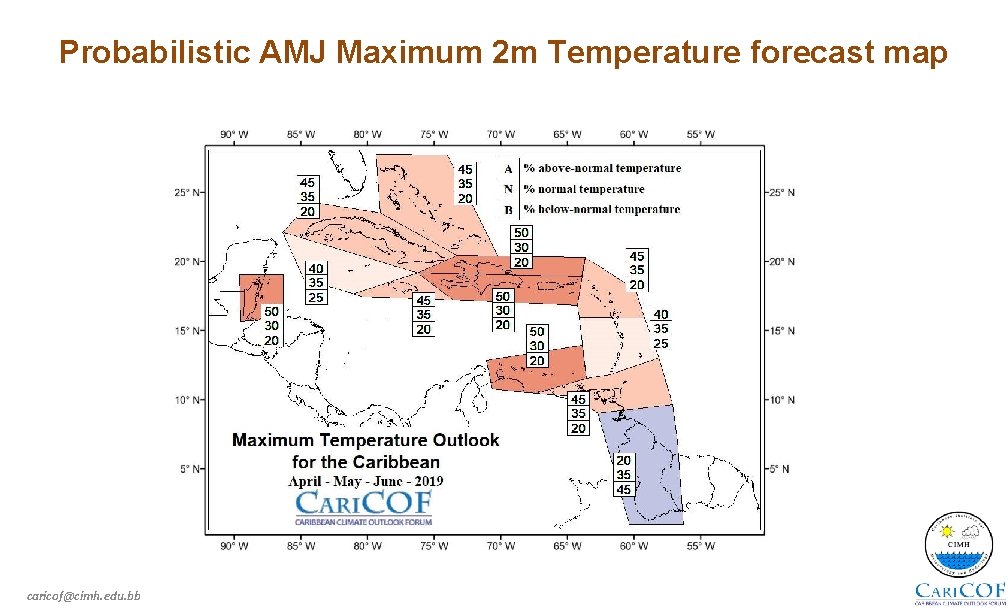 Probabilistic AMJ Maximum 2 m Temperature forecast map caricof@cimh. edu. bb 