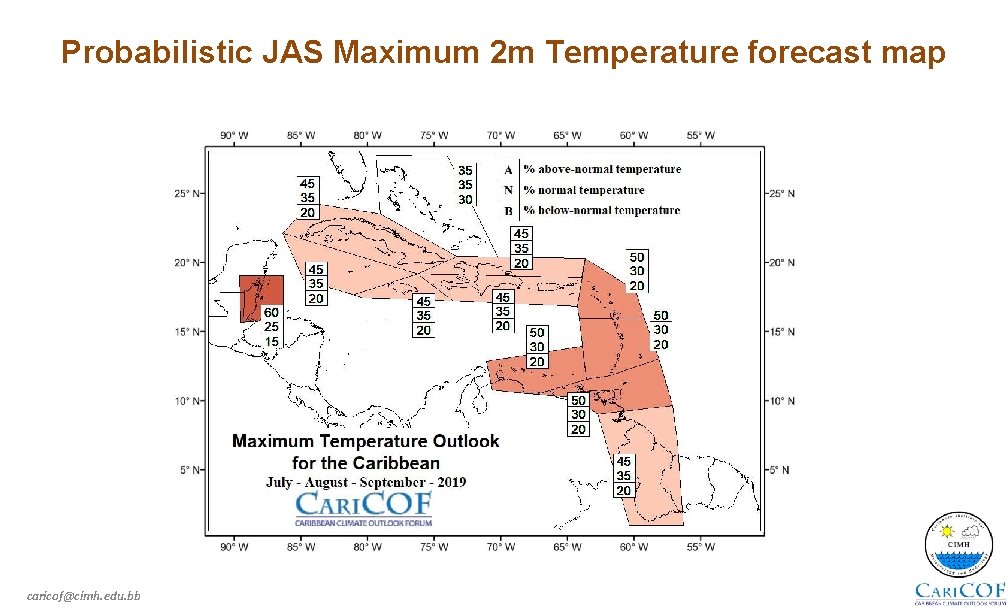 Probabilistic JAS Maximum 2 m Temperature forecast map caricof@cimh. edu. bb 