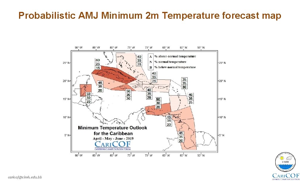 Probabilistic AMJ Minimum 2 m Temperature forecast map caricof@cimh. edu. bb 