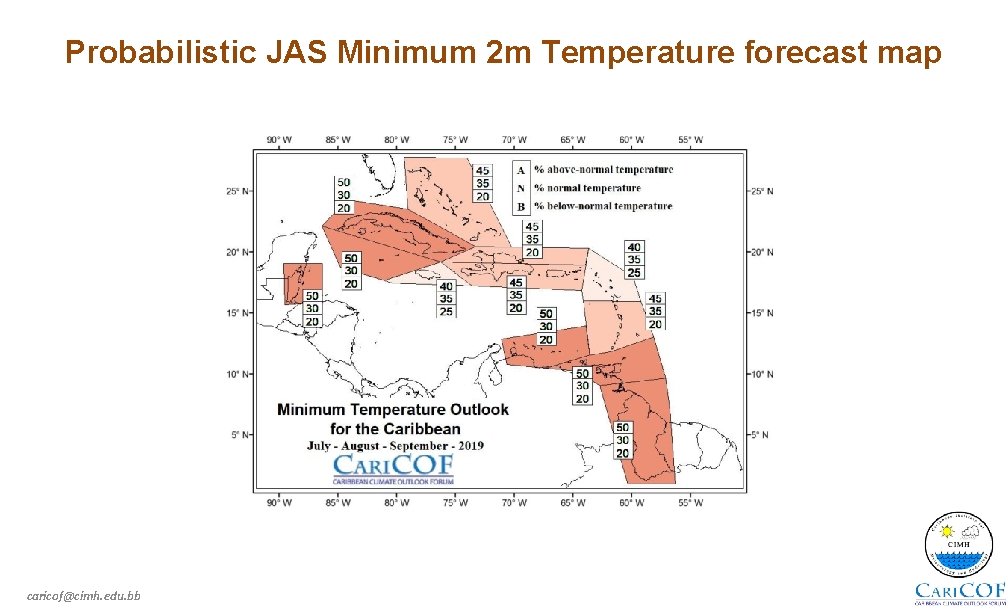 Probabilistic JAS Minimum 2 m Temperature forecast map caricof@cimh. edu. bb 
