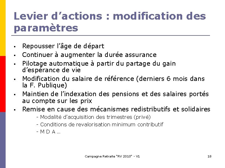 Levier d’actions : modification des paramètres § § § Repousser l’âge de départ Continuer