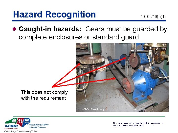 Hazard Recognition 1910. 219(f)(1) l Caught-in hazards: Gears must be guarded by complete enclosures