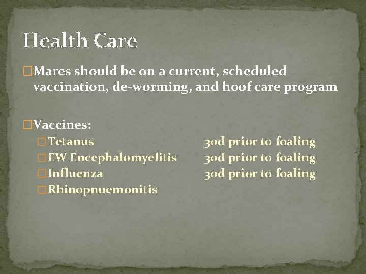 Health Care �Mares should be on a current, scheduled vaccination, de-worming, and hoof care