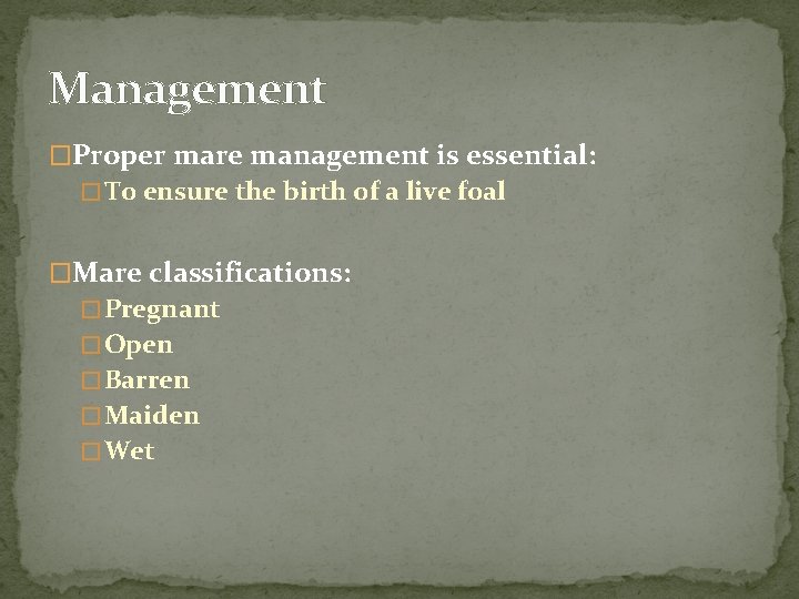 Management �Proper mare management is essential: � To ensure the birth of a live