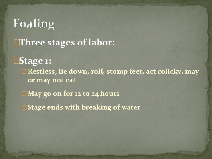 Foaling �Three stages of labor: �Stage 1: � Restless; lie down, roll, stomp feet,