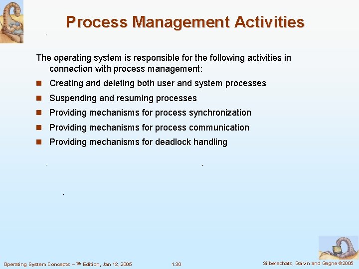 Process Management Activities The operating system is responsible for the following activities in connection