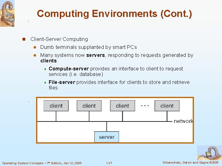 Computing Environments (Cont. ) Client-Server Computing Dumb terminals supplanted by smart PCs Many systems
