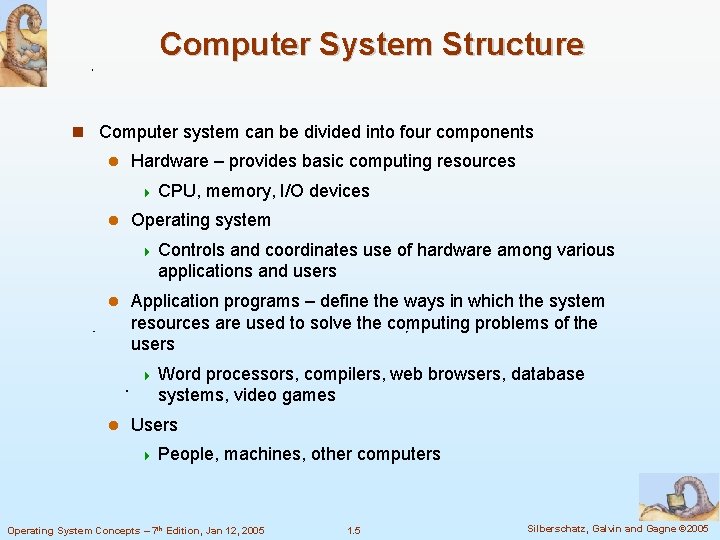 Computer System Structure Computer system can be divided into four components Hardware – provides