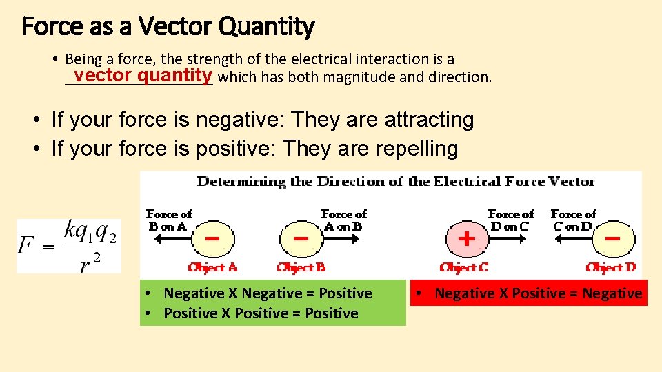 Force as a Vector Quantity • Being a force, the strength of the electrical