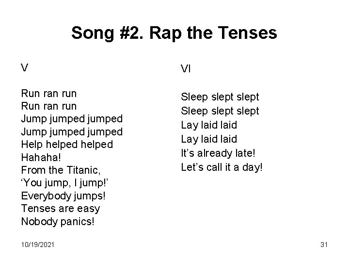 Song #2. Rap the Tenses V VI Run ran run Jump jumped Help helped