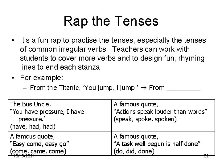 Rap the Tenses • It’s a fun rap to practise the tenses, especially the