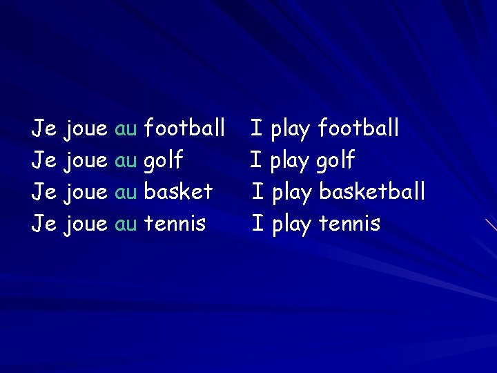 Je joue au football Je joue au golf Je joue au basket Je joue