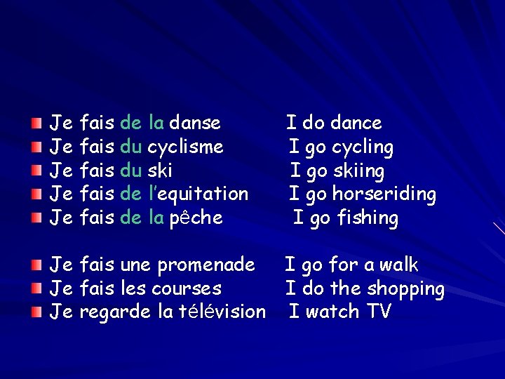 Je fais de la danse Je fais du cyclisme Je fais du ski Je