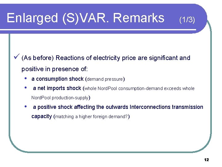 Enlarged (S)VAR. Remarks (1/3) ü (As before) Reactions of electricity price are significant and